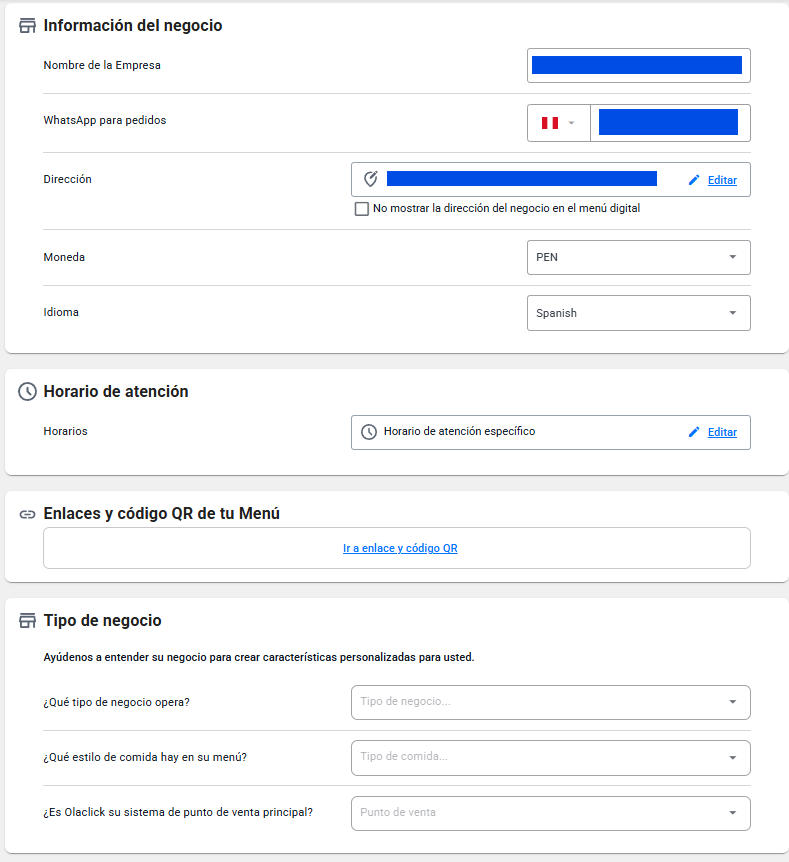 Página Información del negocio en el panel OlaClick, mostrando las secciones: Información del negocio (nombre, WhatsApp, dirección, moneda e idioma), Horario de atención, Enlaces y código QR de tu Menú, y Tipo de negocio (tipo de negocio, estilo de comida y sistema de punto de venta).