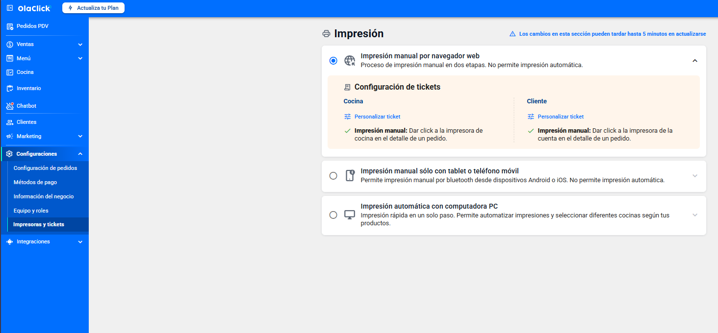 Pantalla de Impresión en el panel de OlaClick mostrando las tres formas de impresión: manual por navegador web, manual con tablet o teléfono móvil y automática con computadora.