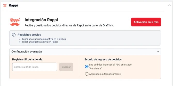 Página de integración Rappi en el panel de OlaClick. Muestra el campo para registrar el ID de la tienda, el botón Guardar, y las opciones de estado de ingreso de pedidos: pendiente o aceptados automáticamente. Incluye los requisitos previos y un botón de activación.