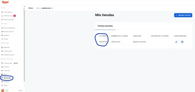 Portal Rappi Admin, sección "Mis tiendas". La tabla "Tiendas asociadas" muestra la columna ID Tienda resaltada, donde se encuentra el código necesario para la integración con OlaClick.