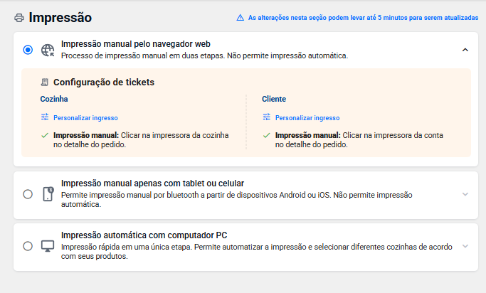 Tela de Impressão no painel OlaClick mostrando as três formas de impressão: manual por navegador web, manual por tablet ou celular e automática por computador.
