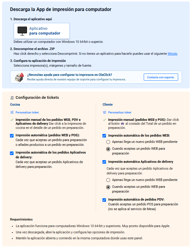 Detalle de las opciones de impresión automática por tipo de pedido — WEB, POS y aplicaciones de delivery — para los tickets de cocina y de cliente.