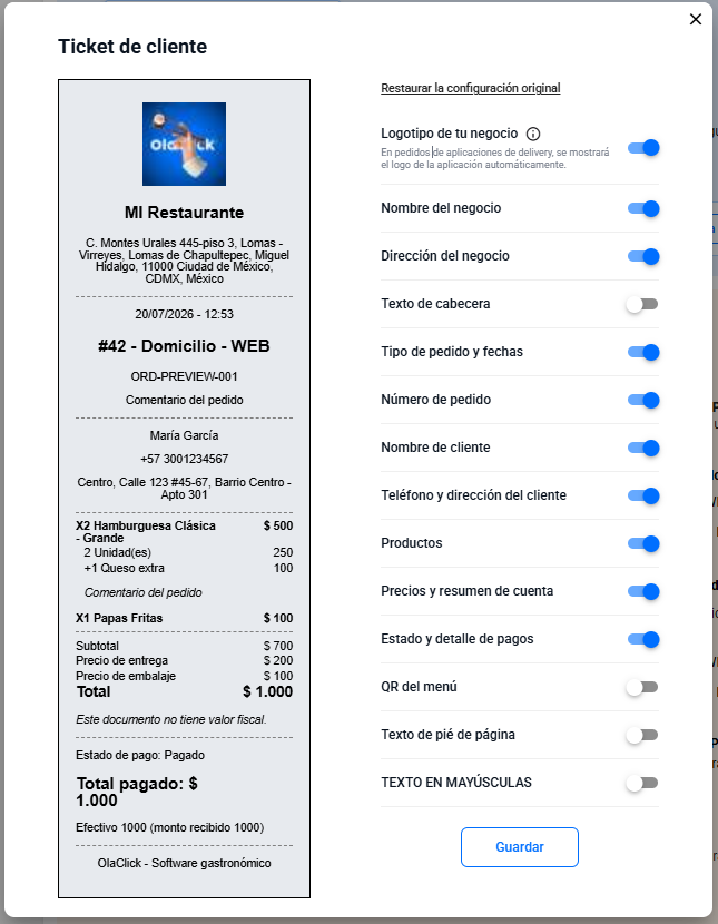 Ventana "Ticket de cliente" con la vista previa del recibo a la izquierda y la lista de campos que se pueden activar o desactivar a la derecha, como logotipo, nombre del negocio, productos y detalles de pago.