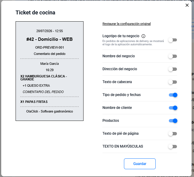 Ventana "Ticket de cocina" con la vista previa a la izquierda y los campos disponibles para activar o desactivar a la derecha, como tipo de pedido, nombre del cliente y productos.