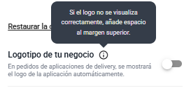 Sugerencia mostrada junto al campo "Logotipo de tu negocio": si el logotipo no aparece correctamente, agrega espacio al margen superior.
