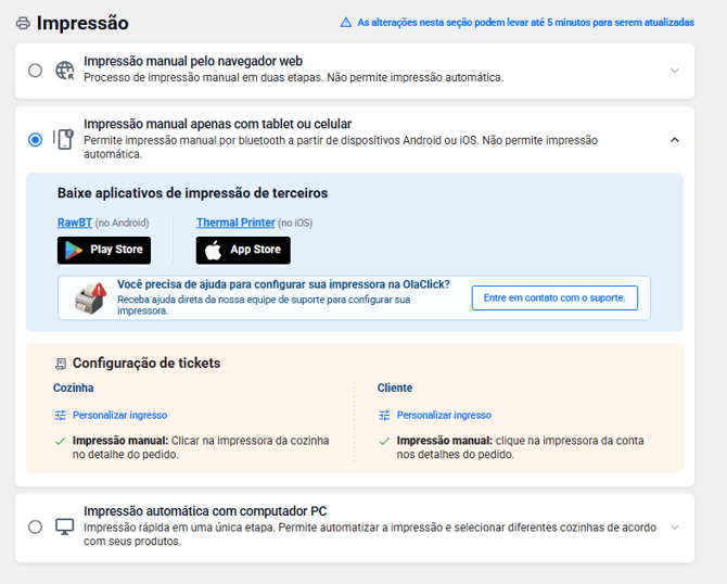 Opção "Impressão manual apenas com tablet ou celular" selecionada no painel OlaClick, com a configuração dos tickets de cozinha e de cliente.