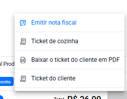 Menu de impressão no detalhe do pedido, com as opções de impressão disponiveis: ticket de cozinha, baixar ticket do cliente em PDF e ticket do cliente.