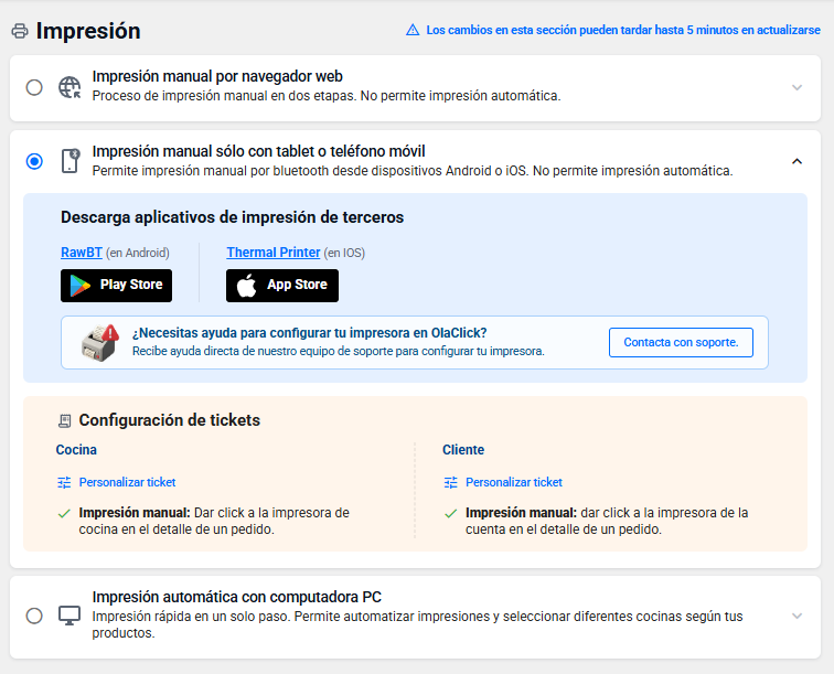 Opción "Impresión manual sólo con tablet o teléfono móvil" seleccionada en el panel de OlaClick, con la descarga de las apps de terceros (RawBT y Thermal Printer) y la configuración de los tickets de cocina y de cliente.
