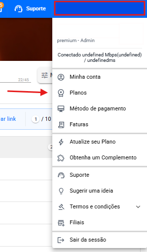 Menu suspenso do painel da OlaClick com a opção Planos destacada. Também são exibidas as opções Minha conta, Método de pagamento, Faturas, Atualize seu Plano, Obtenha um Complemento, Suporte, Sugerir uma ideia, Termos e condições, Filiais e Sair.