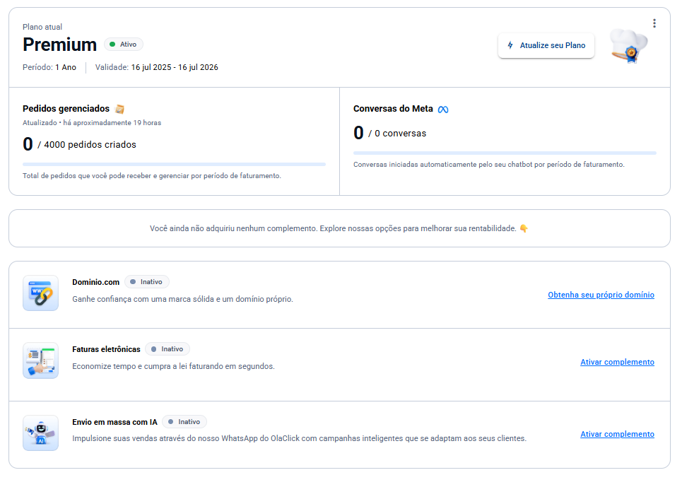 Página de Planos mostrando o plano ativo com período mensal, contador de pedidos gerenciados com pedidos utilizados, contador de conversas de Meta, e a seção de complementos com Domínio personalizado, Faturas eletrônicas e Envio massivo com IA.