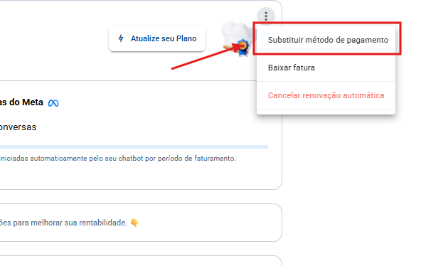 Menu de três pontos do plano ativo mostrando as opções Trocar método de pagamento, Baixar fatura e Cancelar renovação automática.