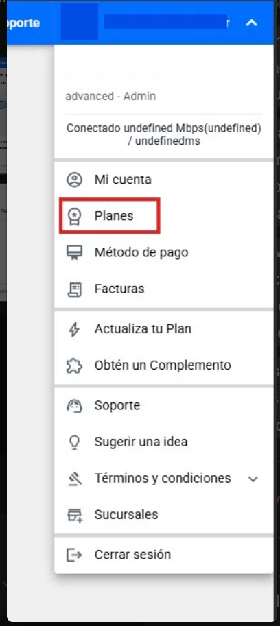 Menu desplegable del panel de OlaClick con la opción Planes resaltada. También se muestran las opciones Mi cuenta, Método de pago, Facturas, Actualiza tu Plan, Obtén un Complemento, Soporte, Sugerir una idea, Términos y condiciones, Sucursales y Cerrar sesión.