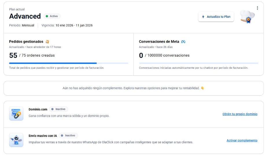 Página de Planes mostrando el plan activo con período mensual, contador de pedidos gestionados con órdenes utilizadas, contador de conversaciones de Meta, y la sección de complementos con Dominio personalizado y Envío masivo con IA.