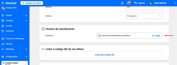  configuro o horário do meu restaurante?