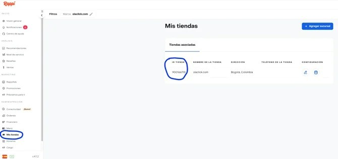 Portal Rappi Admin, seção "Minhas lojas". A tabela "Lojas associadas" mostra a coluna ID da Loja destacada, onde se encontra o código necessário para a integração com a OlaClick