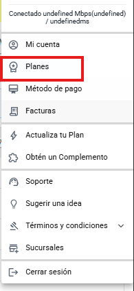 Menú desplegable del panel OlaClick con las opciones Mi cuenta, Planes (resaltado con un círculo rojo), Método de pago, Facturas, Actualiza tu Plan, Obtén un Complemento, Soporte, Sugerir una idea, Términos y condiciones, Sucursales y Cerrar sesión.