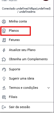 Menu suspenso do painel OlaClick com as opções Minha conta, Planos (destacado), Método de pagamento, Faturas, Atualize seu Plano, Obtenha um Complemento, Suporte, Sugerir uma ideia, Termos e condições, Filiais e Sair.