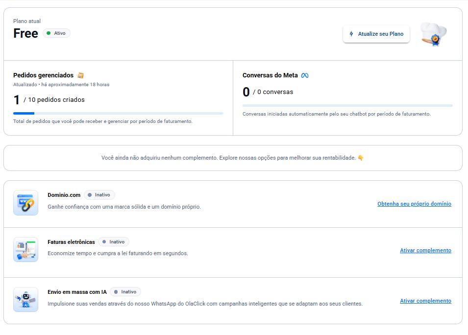 Página de Planos no painel OlaClick mostrando o plano ativo com período e datas de vigência, contadores de pedidos gerenciados e conversas do Meta, menu de três pontos aberto com as opções Substituir método de pagamento, Baixar fatura e Cancelar renovação automática, e seção de complementos disponíveis.