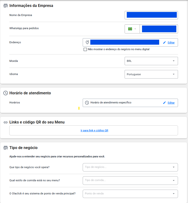Página Informações da Empresa no painel OlaClick, mostrando as seções: Informações da Empresa (nome, WhatsApp, endereço, moeda e idioma), Horário de atendimento, Links e código QR do seu Menu, e Tipo de negócio (tipo de negócio, estilo de comida e sistema de ponto de venda).