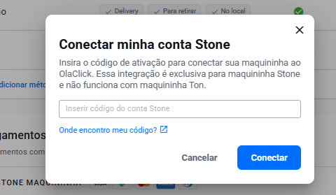Janela Conectar minha conta Stone, com o campo para inserir o código de ativação e o link Onde encontro meu código.