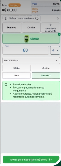Tela de pagamento do PDV com os submétodos Débito, Crédito, Vale e Stone PIX e o botão Enviar para maquininha com o valor da cobrança.