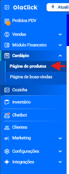 Menu lateral do painel com Cardápio expandido e Página de produtos em destaque