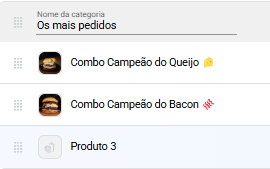 Categoria Os mais pedidos aberta na Página de produtos, com dois produtos cadastrados e suas fotos