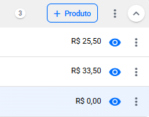 Cabeçalho da categoria com o botão Produto em destaque e o item recém-criado no fim da lista, com nome provisório e preço zerado