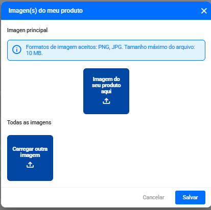 Janela de imagens do produto com as áreas Imagem principal e Todas as imagens, o aviso de formatos aceitos e tamanho máximo, e o botão Salvar