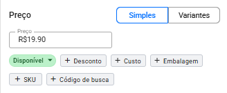 Bloco de preço no modo Simples, com o valor preenchido, o status Disponível e os botões Desconto, Custo, Embalagem, SKU e Código de busca