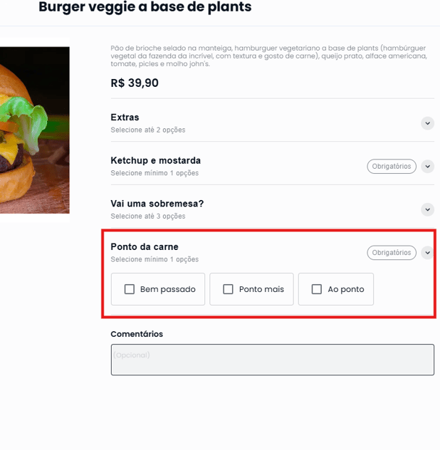 Produto no cardápio com quatro categorias de modificadores, entre elas Ponto da carne, marcada como obrigatória e com as opções Bem passado, Ponto mais e Ao ponto