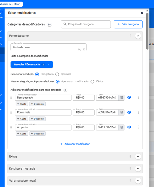 Painel Editar modificadores com a categoria Ponto da carne aberta, mostrando condição obrigatória, seleção de apenas um modificador e as três opções cadastradas