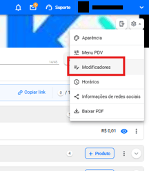 Ícone de engrenagem no canto superior direito da Página de produtos, em destaque