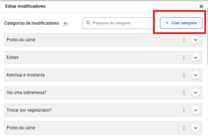Painel Editar modificadores com a lista de categorias e o botão Criar categoria em destaque