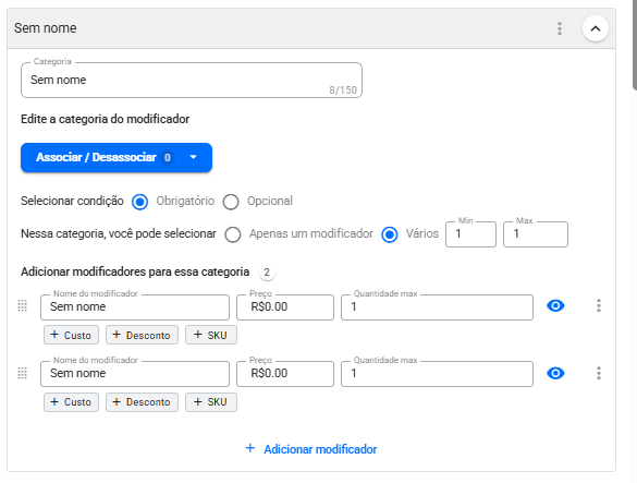 Categoria com condição Obrigatório e seleção de Vários, exibindo os campos Min e Max e o campo Quantidade max em cada modificador