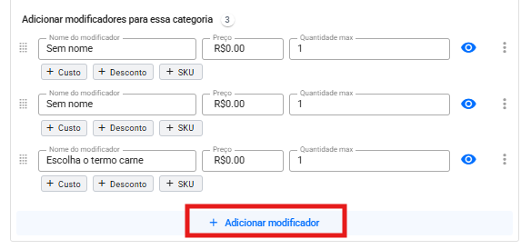 Lista de modificadores da categoria com o botão Adicionar modificador em destaque