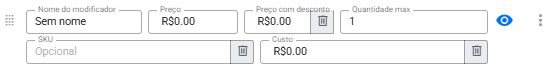 Linha de um modificador com os campos Nome do modificador, Preço, Preço com desconto, Quantidade max, SKU e Custo visíveis