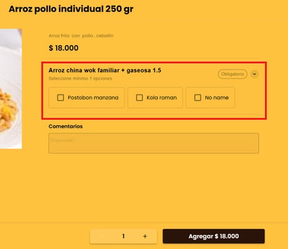 Producto en el menú con una categoría de modificadores marcada como obligatoria, mostrando las gaseosas disponibles para elegir