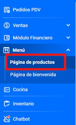 Menú lateral del panel con Menú expandido y Página de productos destacada
