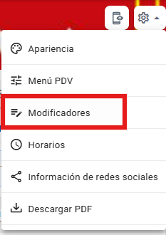 Menú del engranaje abierto con las opciones Apariencia, Menú PDV, Modificadores, Horarios, Información de redes sociales y Descargar PDF, con Modificadores destacado