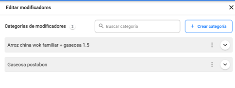 Panel Editar modificadores con la lista de categorías