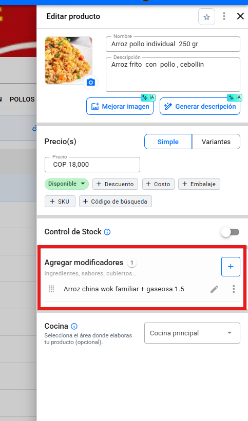 Panel Editar producto con el bloque Agregar modificadores destacado, mostrando la categoría asociada al producto