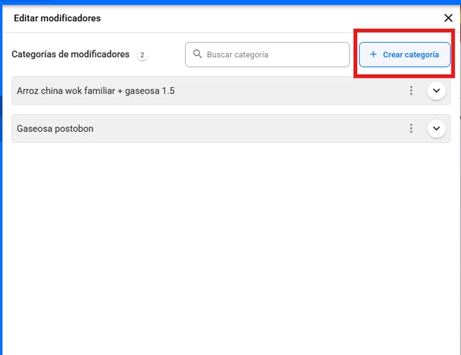 Panel Editar modificadores con la lista de categorías y el botón Crear categoría destacado