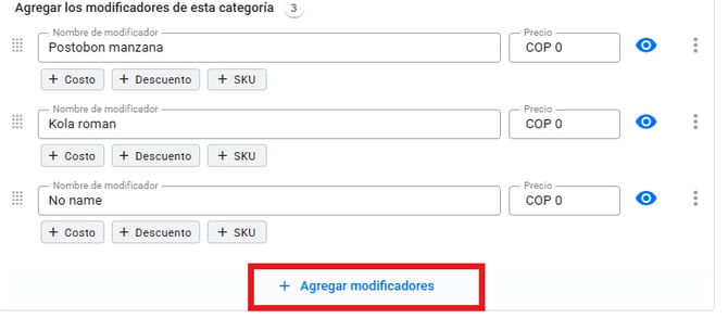 Lista de modificadores de la categoría con el botón Agregar modificadores destacado