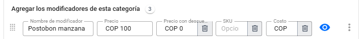 Línea de un modificador con los campos Nombre de modificador, Precio, Precio con descuento, SKU y Costo visibles