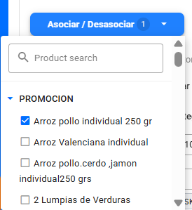 Lista de productos abierta en Asociar / Desasociar, agrupada por categoría del menú, con casillas de selección al lado de cada producto