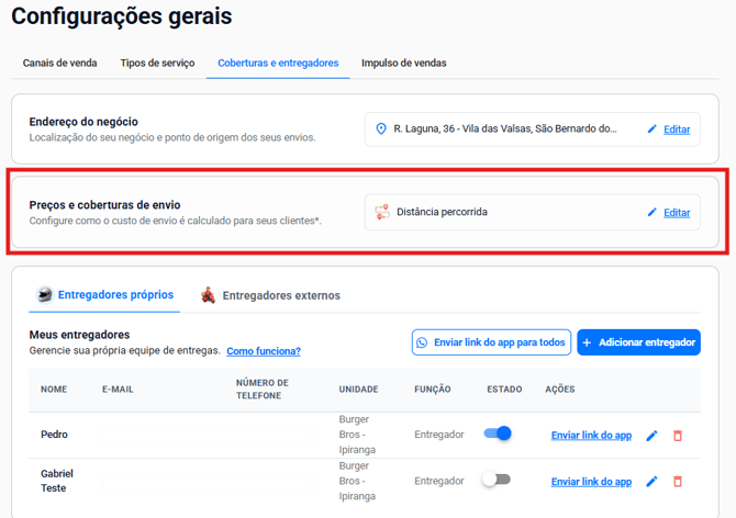 Painel OlaClick na aba Coberturas e entregadores, com destaque para o bloco Preços e coberturas de envio e o botão Editar