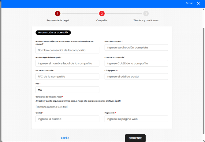 Formulario de registro D24, paso 2 de 3: Información de Compañía con campos obligatorios para nombre comercial, dirección completa, nombre legal, CLABE, RFC de la compañía, código postal, país, constancia de situación fiscal en PDF, ciudad y página web