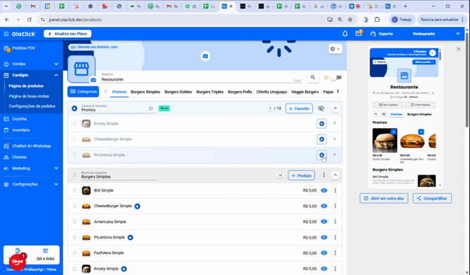 Como organizar  produtos favoritos na página de produtos olaclick