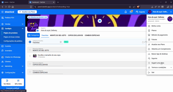 Enviar Sugestões para OlaClick